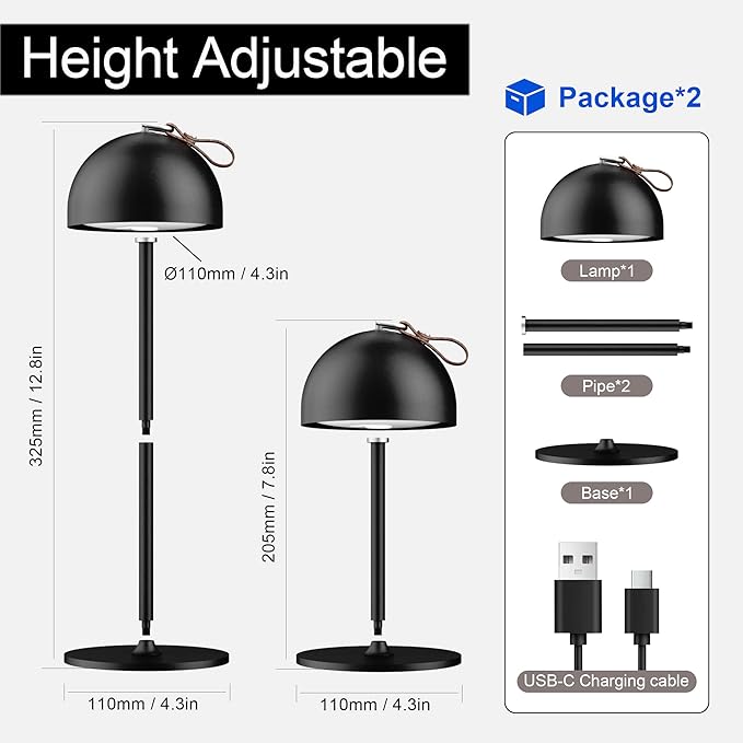 Rechargeable Table Lamp,8-75 Hours Battery Operated Lamp,2-Pack Black Cordless Lamp,Waterproof,Magnetic,Stepless Dimming,Adjustable Height,for Outdoor,Nightstand,Restaurant,Dinner,Camping