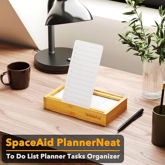 SpaceAid PlannerNeat To Do List Planner, Daily ToDo Checklist Notepad Organizer with Bamboo Holder, Productivity System Planners Notebook for Office Work Supplies (Bamboo, 50 Cards)