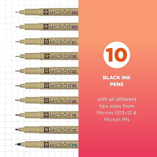 SAKURA Pigma Micron Fineliner Pens - Archival Black Ink Pens - for Writing, Drawing, or Journaling - Assorted Point Sizes - 10 Pack