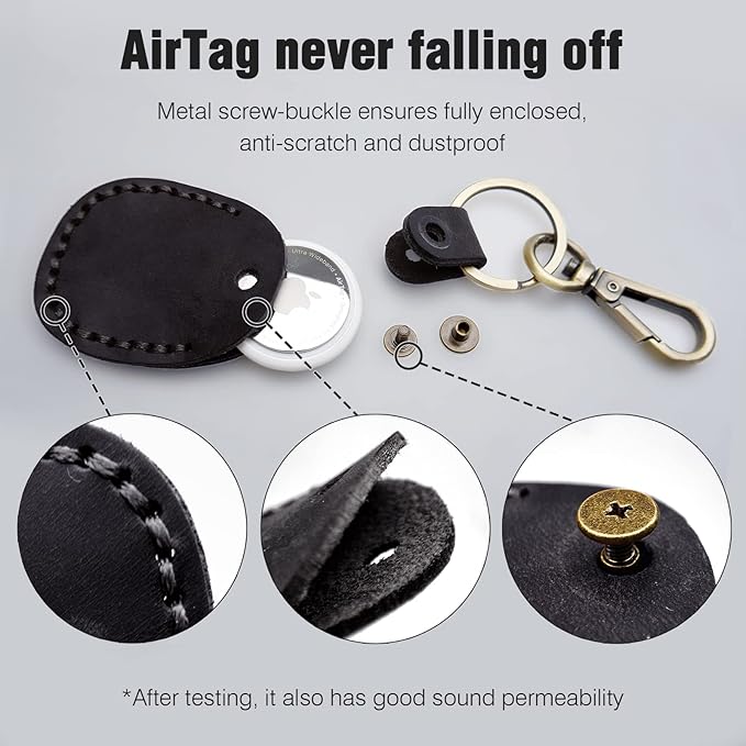 Genuine Leather Airtag Holder, Portable Air tag Keychain with Key Rings, Full Coverage Hidden Case Cover Compatible for Apple Airtag - Black