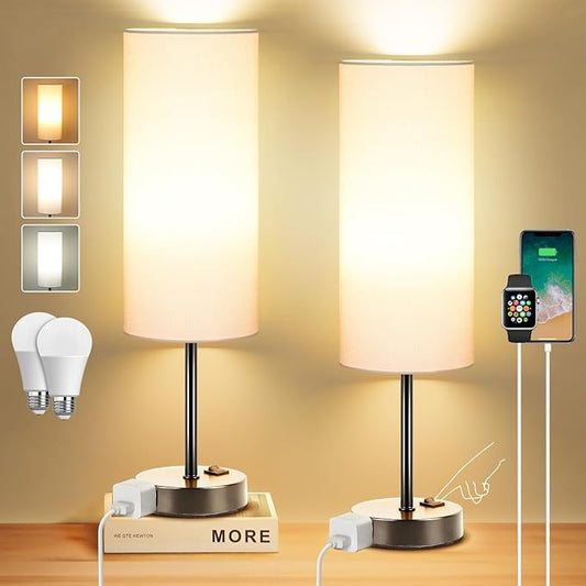ZJOJO Table Lamp for Bedroom 2 Pack,18in Bedside Lamps with 3 Way Dimmable Rocker Switch & AC Outlet,Nightstand Desk Lamp with White Fabric Shade Black Basee for Living Room Home Decor Lights