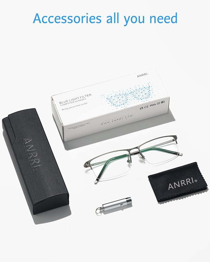 ANRRI Blue Light Glasses Mens Rectangle Semi Rimless Glasses Computer Gaming glasses for men Lightweight Titanium Eyewear
