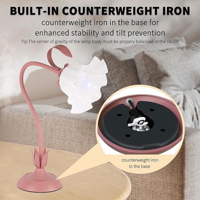 Cute Flower Desk Lamp, 3 Color Temperature Table Lamps with LED Bulb, Vintage Bedside Lamp, Reading Lamps with Soft Light for Bedroom, Living Room(Pink)