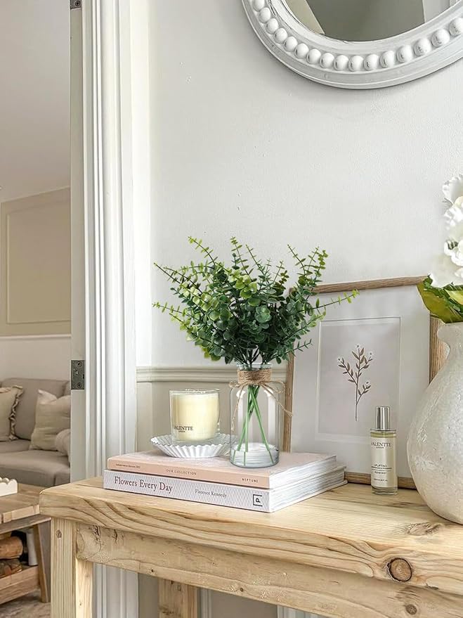 Fake Plants Eucalyptus Stems in Glass Vase with Faux Water, Artificial Plants Eucalyptus Leaves for Shelf Desk Bathroom Farmhouse Coffee Table Home Decor