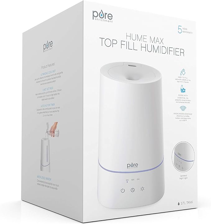 Pure Enrichment HUME Max - Easy Top Fill Ultrasonic Cool Mist Humidifier, 3.7 L (1 Gallon) Tank, 3 Mist Settings + Auto Shut-Off Timer - Ideal for Large Bedrooms, Baby Nurseries and Offices (White)