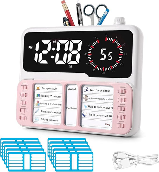 7-in-1 Visual Timer for Kids & Adults with Task Planner – ADHD Time Management Tool with Alarm, Countdown, Calendar, Temperature Display & Storage – Ideal for Home, School (Pink)