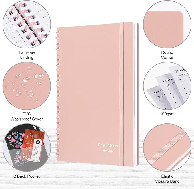 Asten Daily Undated Planner - To Do List Notebook With Hourly Schedule and Spiral Appointment Book for Men and Women, ADHD Work Planner With Inner Pocket, 8.3"x5.8", Pale Pink