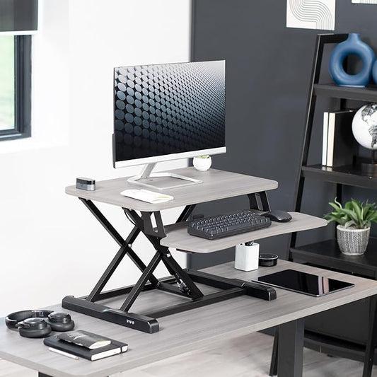 VIVO 26 inch Desk Converter, K Series, Height Adjustable Sit to Stand Riser, Dual Monitor and Laptop Workstation with Keyboard Tray, Gray Top, Black Frame, DESK-V026KG