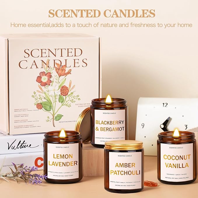 28oz Wood Wick Candles That Crackle: 4 Pack Scented Candles for Home Scented, Aromatherapy Candle Set with Crackling Wooden Wick Up to 200H Burning Candle Gift Set for Birthday Thanksgiving Christmas