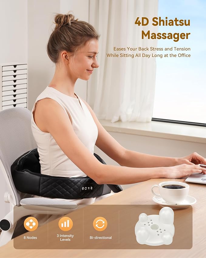 Shiatsu Neck and Shoulder Massager with Heat, Electric Deep Kneading Massage for Back, Shoulder, Leg, Body Muscle Pain Relief, Gift for Women Men Mom Dad, NOT Cordless, (with Leather Handbag)