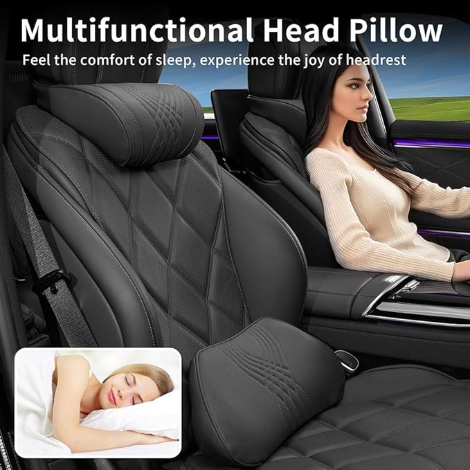 Lumbar Support Pillow for Car Seat, Office Chair Leather Memory Foam Lower Back Cushion for Back Pain Relief Improve Posture, Ergonomic Back Rest for Gaming Chair, Black, 1PC