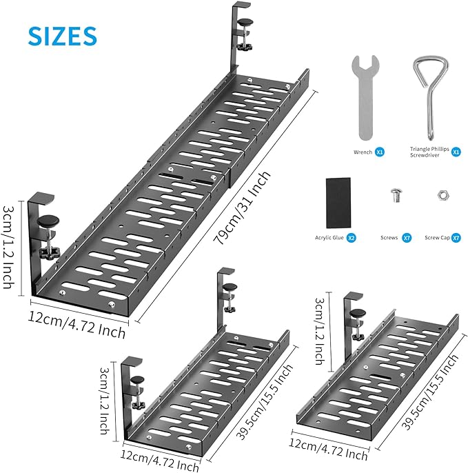 WIGAKDRU 31Inch Extendable Under Desk Cable Management Tray, Black Metal Cable Management Tray Under Desk Cord Management with Clamp, 31 Inch x 4.33 Inch