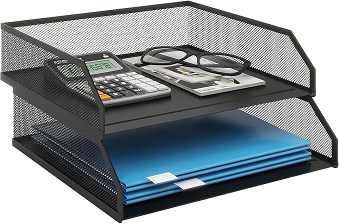 Natwind 2-Tier Stackable Paper Tray, Metal Mesh Desktop Organizer, A4 Desk Organizer, Stackable Letter Trays,File Folder Sorter Organizer with Sliding Tray for Home, Office, School (Black)