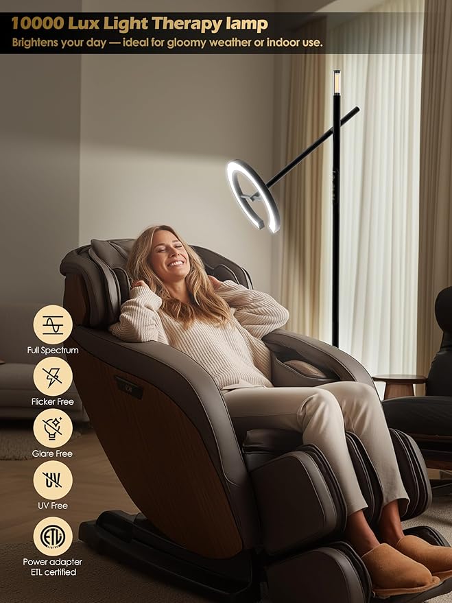 Smart Floor Lamp with APP, Therapy light floor lamp 10000 Lux,Sunlight lamp Stepless Dimmable 2700-6500K,LED UV-Free light therapy,Circadian Rhythm,Timer, Floor Lamp for Living Room Bedroom Office(H1)