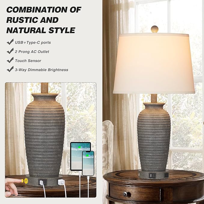 25" Farmhouse Jar Table Lamps, 3 Way Touch Control Rustic Bedside Lamps with USB A+C Ports & AC Outlet, Pot Nightstand Lamps for Bedroom Living Room (LED Bulbs Included)