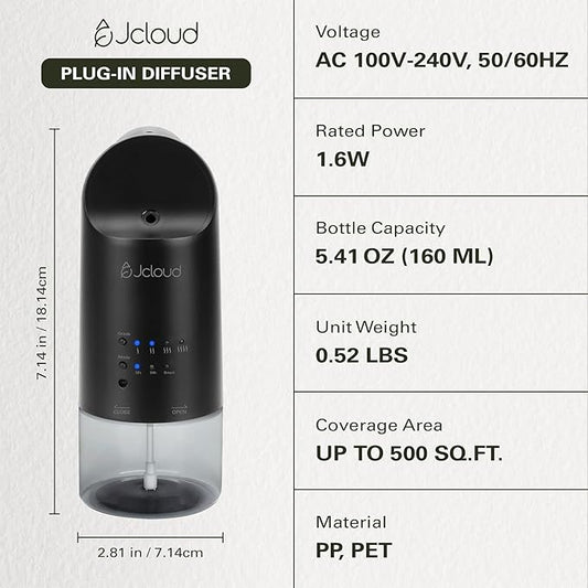 JCLOUD 2025 Plug in Diffuser | Cover Up to 500 Sq. Ft. for Home, Office, Spa – Portable Smart Wall Diffuser 160ML, Black with Royal Serenity Essential Oil Inspired by Luxury Hotel - 140mL