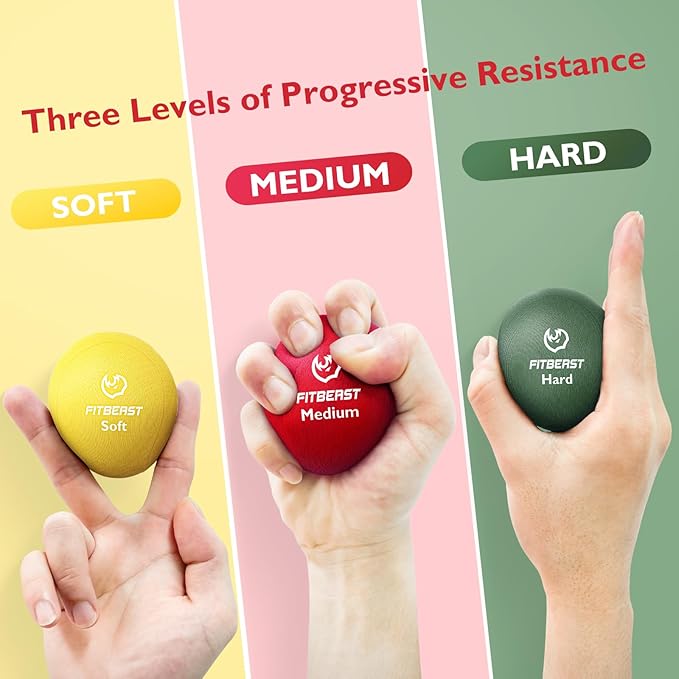 FitBeast Stress Balls for Adults, 6-Pack Hand Therapy Balls, Soft, Medium, Hard Tri-Density, Green, Orange, Blue