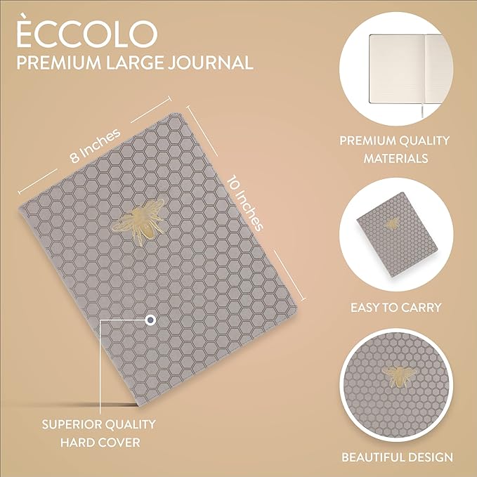 WORLD TRAVELER Eccolo Large Lined Bee Journal Notebook, Hardbound Cover, Writing Journal, 256 Ruled Ivory Pages, Ribbon Bookmark, Lay Flat, Desk Size, Gray Gold Bee (Gray, 8x10 inches)
