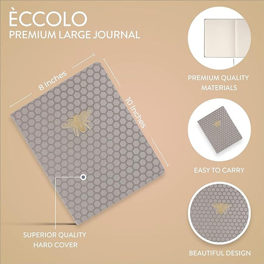 WORLD TRAVELER Eccolo Large Lined Bee Journal Notebook, Hardbound Cover, Writing Journal, 256 Ruled Ivory Pages, Ribbon Bookmark, Lay Flat, Desk Size, Gray Gold Bee (Gray, 8x10 inches)