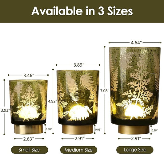 Eywamage Large Battery Operated Glass Table Lamp, Boho Green Ferns Leaves Mood Light with Remote, Cordless Bedside Accent Lamp Room Decor