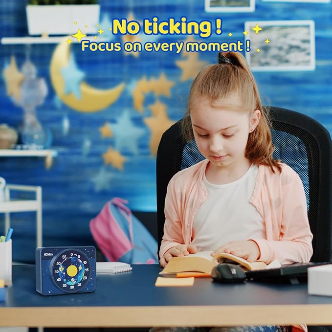 VOCOO Kids Visual Timer for Classroom - 60-Minute Countdown for Kitchen Cooking Office, Strong Magnet, Silent Time Management Tool, 2 AAA Batteries Included, Cute Starry Sky Pattern (Blue)