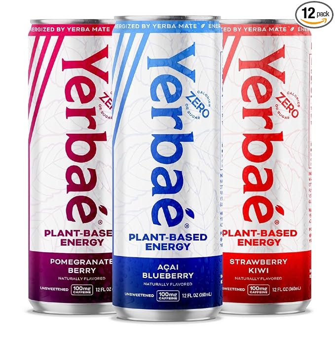 Yerbaé Energy Seltzer - Variety Tropical Pack, No Sugar/Calories/Carbs. Energized by Yerba Mate, Naturally Caffeinated & Plant-Based, Healthy Alternative to Coffee/Sugary Sodas, Pack of 12, 12oz cans