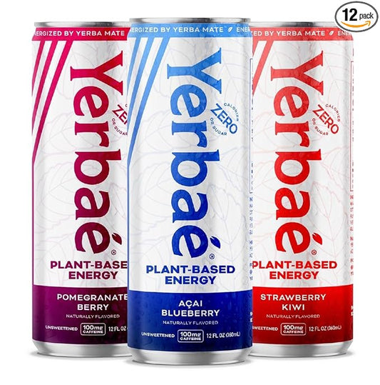 Yerbaé Energy Seltzer - Variety Tropical Pack, No Sugar/Calories/Carbs. Energized by Yerba Mate, Naturally Caffeinated & Plant-Based, Healthy Alternative to Coffee/Sugary Sodas, Pack of 12, 12oz cans
