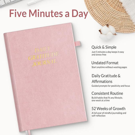 SUNEE Daily Gratitude Journal – Simple 5 Minute Journal for Daily Reflection, Build Positivity and Mindfulness, Undated Minimalist Planner for Women & Men (Pink)