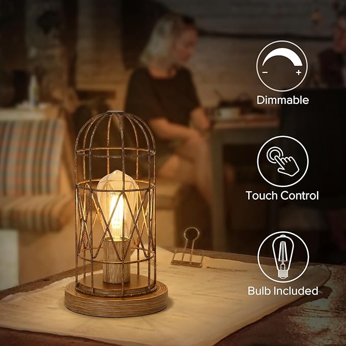 Touch Control Table Lamp for Small Spaces - 3 Way Dimmable Nightstand & Bedside Lamp for Bedroom & Living Room, Rustic Wood Cage Shade, Bulb Included