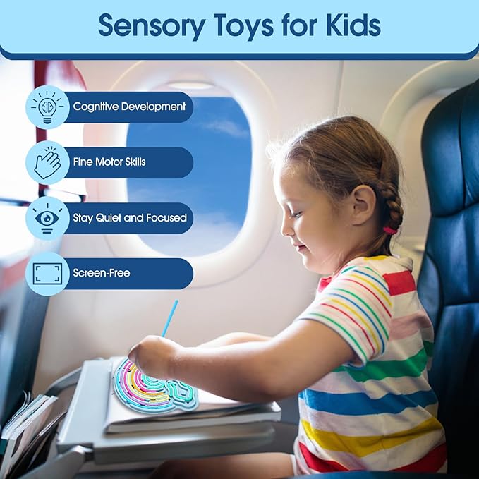 Sensory Activity Board Silicone Fidget Toy, Double-Sided Rainbow Sensory Toys for Autism, Stress, Anxiety, ADHD, Kids 3+& Adults, Includes Travel Bag & 12 Strings, Blue