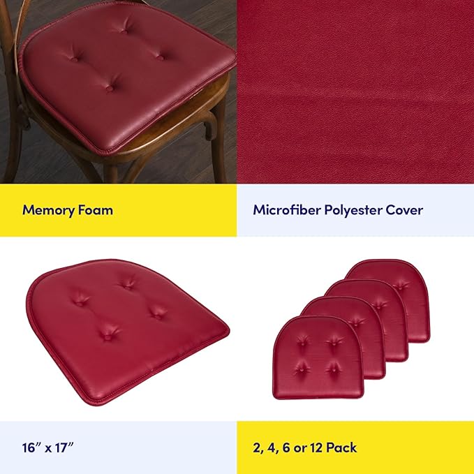 Sweet Home Collection Chair Cushion Memory Foam Pads Tufted Slip Non Skid Rubber Back U-Shaped 17" x 16" Seat Cover, 4 Count (Pack of 1), Faux Leather Burgundy Red