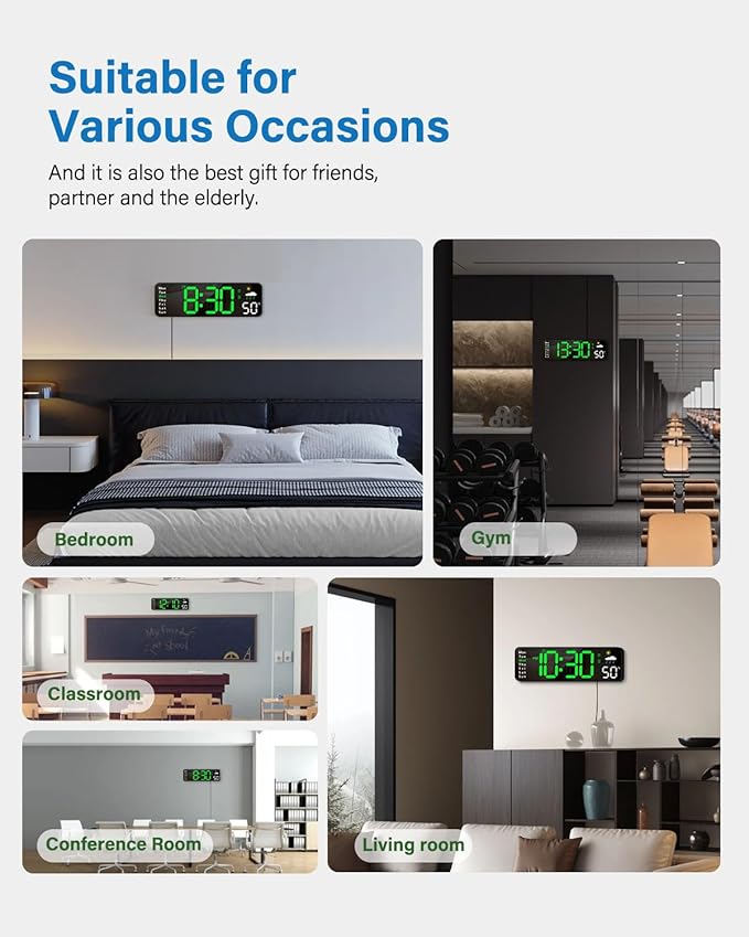 Digital Wall Clock, Digital Clock Large Display with Remote Control, Corded LED Alarm Clocks with Date, Week, Temp, Humidity, Auto DST, Countdown, for Living Room Bedroom Classroom Office (Green)