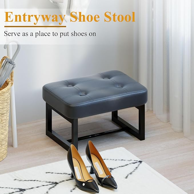 Small Ottoman,Foot Rest Stool,Leather Step Stool for Under Desk,Rectangular Shoe Seat for Living Room, Bedroom and Kitchen, Couch, Entryway(Black) (Leather, 1)