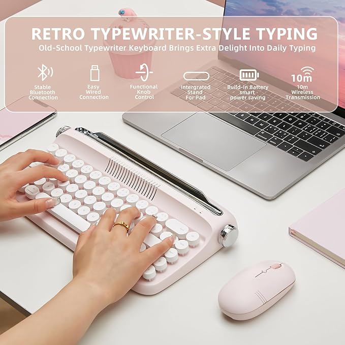 YUNZII Upgraded Wireless Typewriter Keyboard, Retro Aesthetic with Integrated Stand,Cute Round Keycaps, USB-C/Bluetooth Connection for Table, Phone, PC and Win/Mac/Android (B307, Baby Pink)
