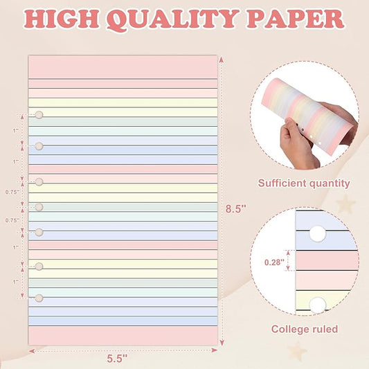 Colored Loose Leaf Papers 5.5 x 8.5 paper 7-Hole Lined Filler Paper College Ruled Notebook Refill Pad Pastel Colored Lined Refills Hole Punched Notebook Refills for 3 or 7 Ring Binders(200)