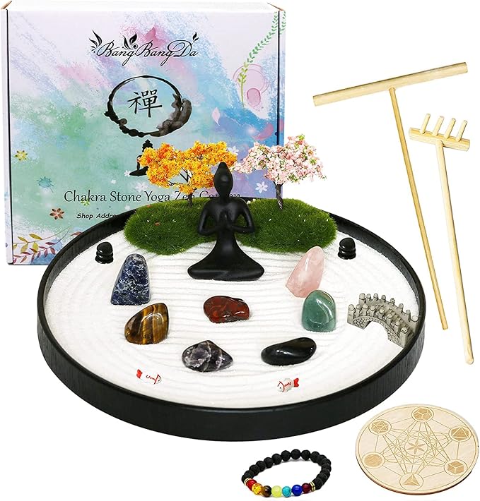 Zen Garden for Desk Tabletop Chakra Zen Healing Gifts Sand Tray Therapy Kit Set Japanese Decoration Crystal Quartz Rock Mini Garden Home Office Stress Relief Spiritual Decor Healing Gifts for Yoga