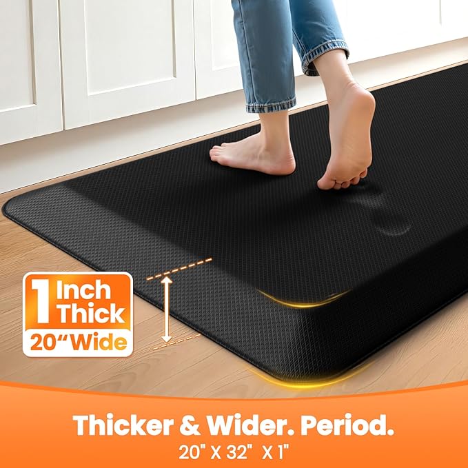 Kitchen Mats for Floor, 1 Inch Extra-Thick Kitchen Rugs, Non-Slip & Waterproof Standing Desk Mat, Comfort Anti Fatigue Mats for Kitchen Floor, Home, Sink, Office (20" X 32", Black)