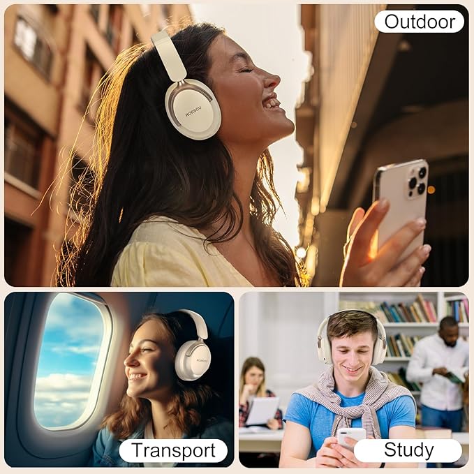 RORSOU B8 Bluetooth Headphones Over Ear, 6 EQ Music Modes and 50H Playtime Deep Bass Wireless Headphones with Mic, Lightweight Folding HiFi Stereo Headset for iPad/Travel/Tablet/PC/Home Beige White