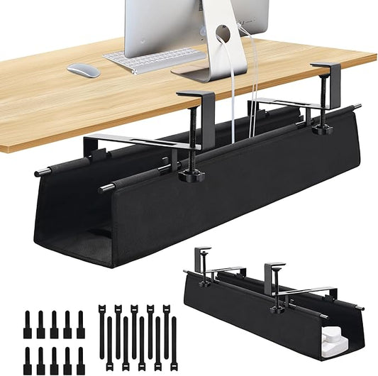 Under Desk Cable Management Tray, Clamp-On Cord Organizer,No Drilling Required, Holds Up to 22 lbs, for Cords, Routers, Power Strips (Black, 28.4inch)