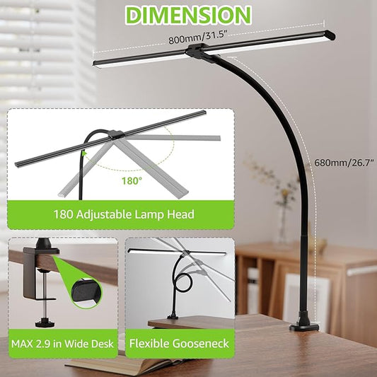 ShineTech LED Desk Lamp for Home Office, 3000K Warm White Double Head Architect Task Lamps with Clamp, Dimmable Adjustable Flexible Gooseneck, Black