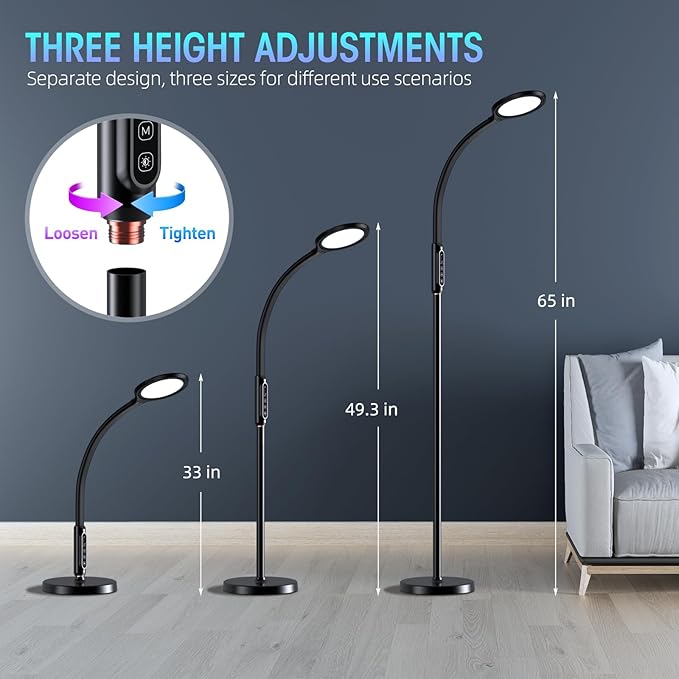 Happy Light Therapy lamp 11000 Lux,LED UV-Free Sunlight lamp,Full Spectrum Happy Therapy lamp with 10 Adjustable Brightness Levels,2 in 1 Retractable Floor Sad Lamp (Black)
