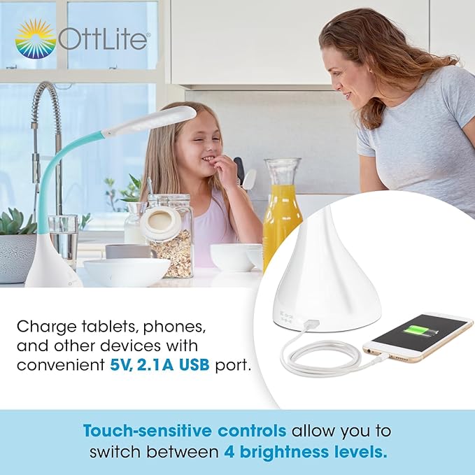 OttLite Creative Curves LED Desk Lamp w/USB, Clearsun, White w/Turquoise, Shipper