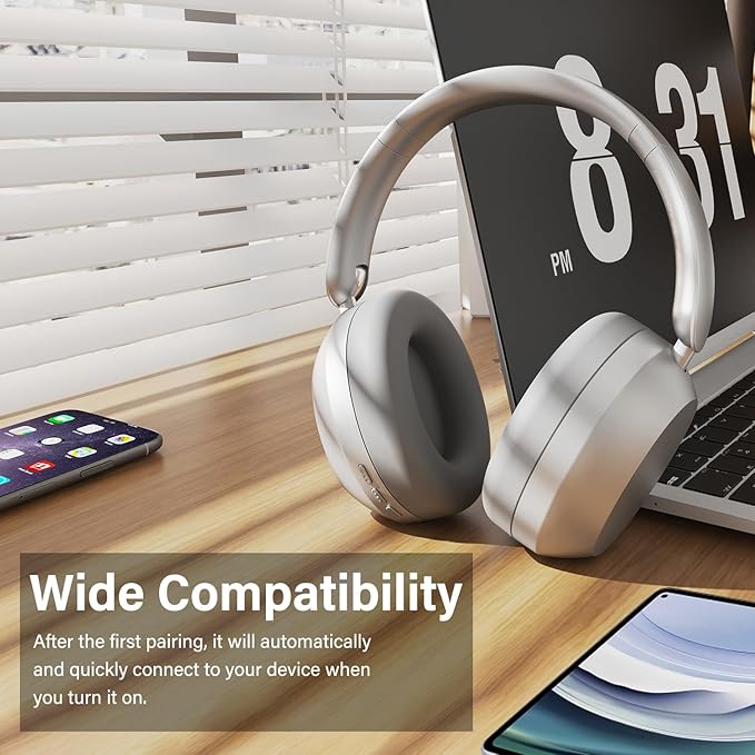 Y05 Bluetooth Headphones Wireless Over Ear with Microphone 48 Hours Playtime, High Sound Quality Foldable Soft Earpads Earphones for Travel - Silver