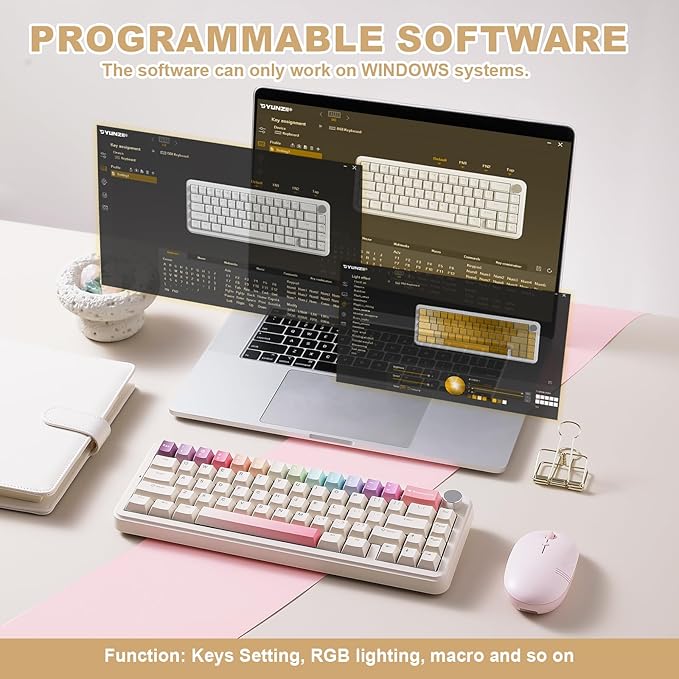YUNZII B68 Wireless Mechanical Keyboard,Tri-Mode BT5.0/2.4GHz/USB-C,Cute PBT Keycaps,Hot Swappable Creamy Typing Gasket Mounted,RGB Backlit NKRO for Win/Mac (Beige, Milk V2 Switch)