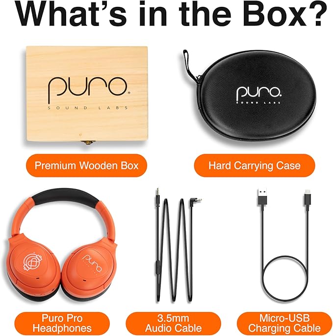 Puro Sound Labs PuroPro Hybrid Active Noise Cancelling Headphones, Volume Limiting, Hi-Res Audio, 32h Playtime, Wireless Over Ear Headphones with Mic, Comfortable Fit, Ideal for Travel & Work – Orange