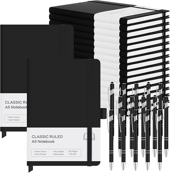 15 Pack Journal Notebook Bulk A5 Hardcover Notebook Classic Journal Set with Pen Holder with 15 Pcs Pens for School Business Work Travel Writing (Black)