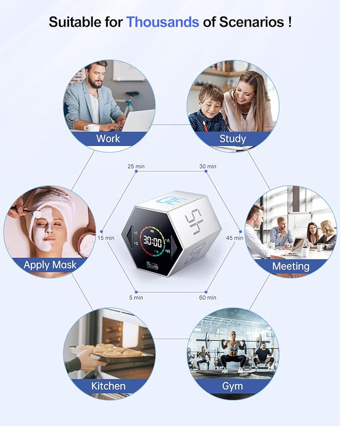Ticktime Pomodoro Timer Cube, Hexagon Productivity Timer, Pause & Resume, Silent, Vibrate & Adjustable Sound Alert, for ADHD, Task, Work, Study, 5/15/25/30/45/60min & Custom Countdown, Silver