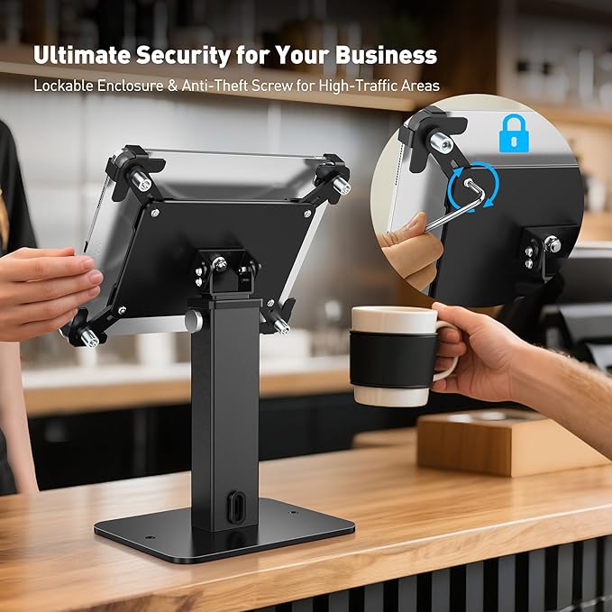 AboveTEK Anti-Theft iPad Kiosk Stand, 360 Rotation & Adj. Height 8.3"–13.4", Heavy-Duty Steel & Aluminum, Fits 9.7"-13" Tablets, Security Retail POS Tablet Stand for Business & Commercial Use