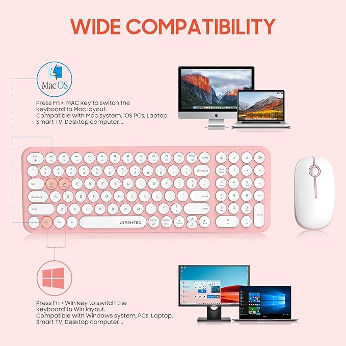 Wireless Keyboard and Mouse Combo, XTREMTEC Cute Compact -Size Pink Retro Round Keycap, Ultra Thin Quiet 2.4GHz Retro Kawaii Keyboard for Mac/PC/Laptop (Sakura Pink)