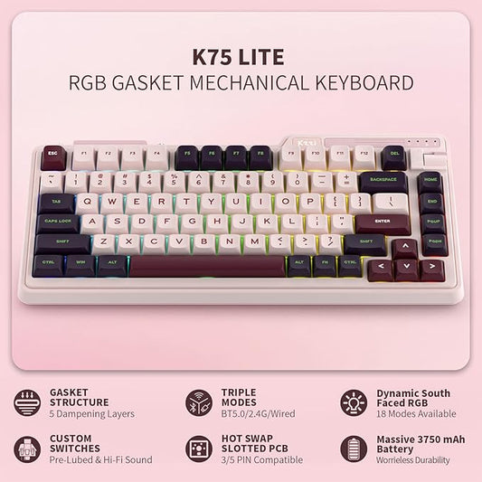 K75 Lite Wireless Mechanical Keyboard, 75% Gasket Mount RGB Gaming Keyboard w/ 3-Mode Knob BT 5.0/2.4G/USB-C Wired, Hot Swappable, 5-Layer Padding & Creamy Linear Switches, Compact 82 Keys